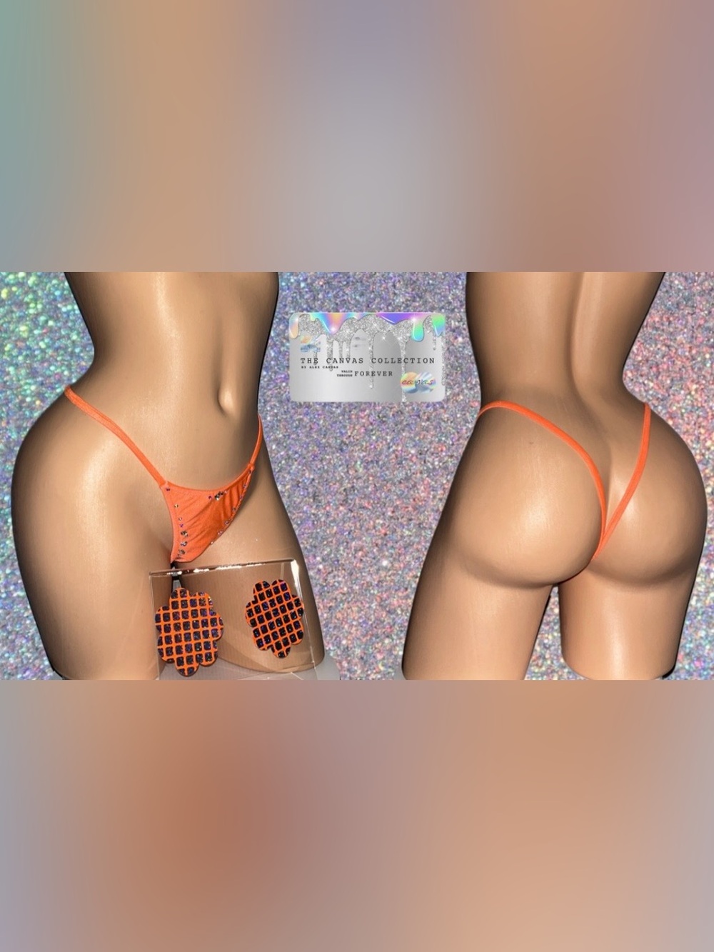 Exotic Dancewear:Orange Micro Thong with rhinestones & matching pasties